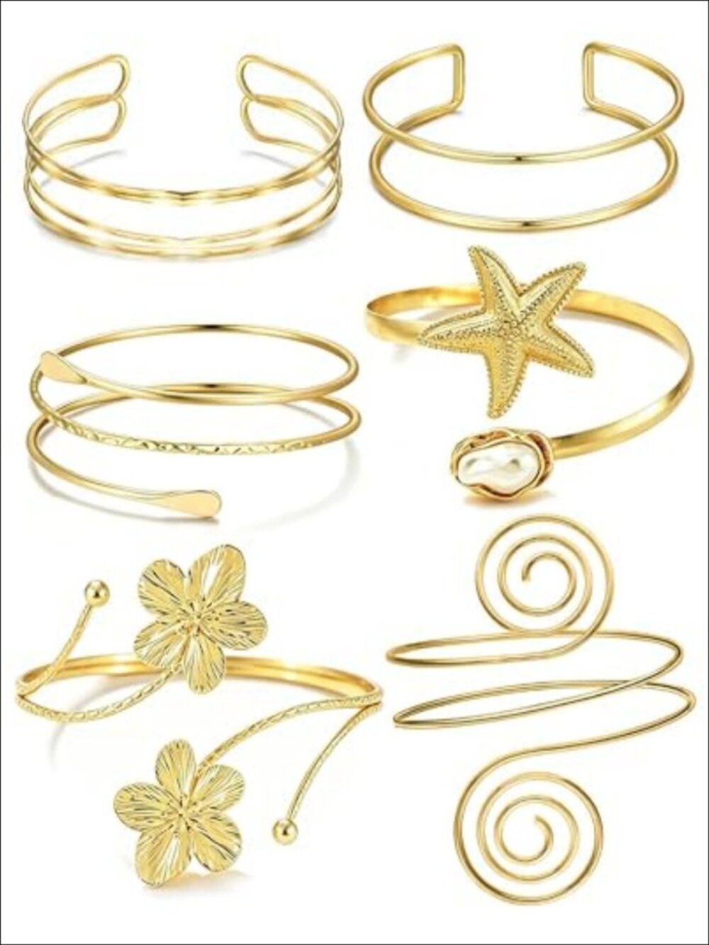 6 Piece Adjustable Arm Cuff Bracelet Set Layered Flower Swirl Pearl Armband